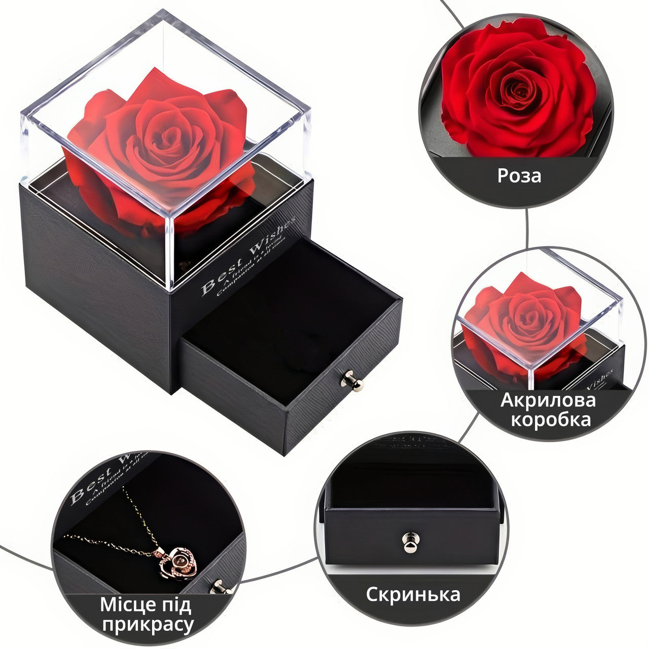 Стабілізована троянда в подарунковій коробці з кулоном
