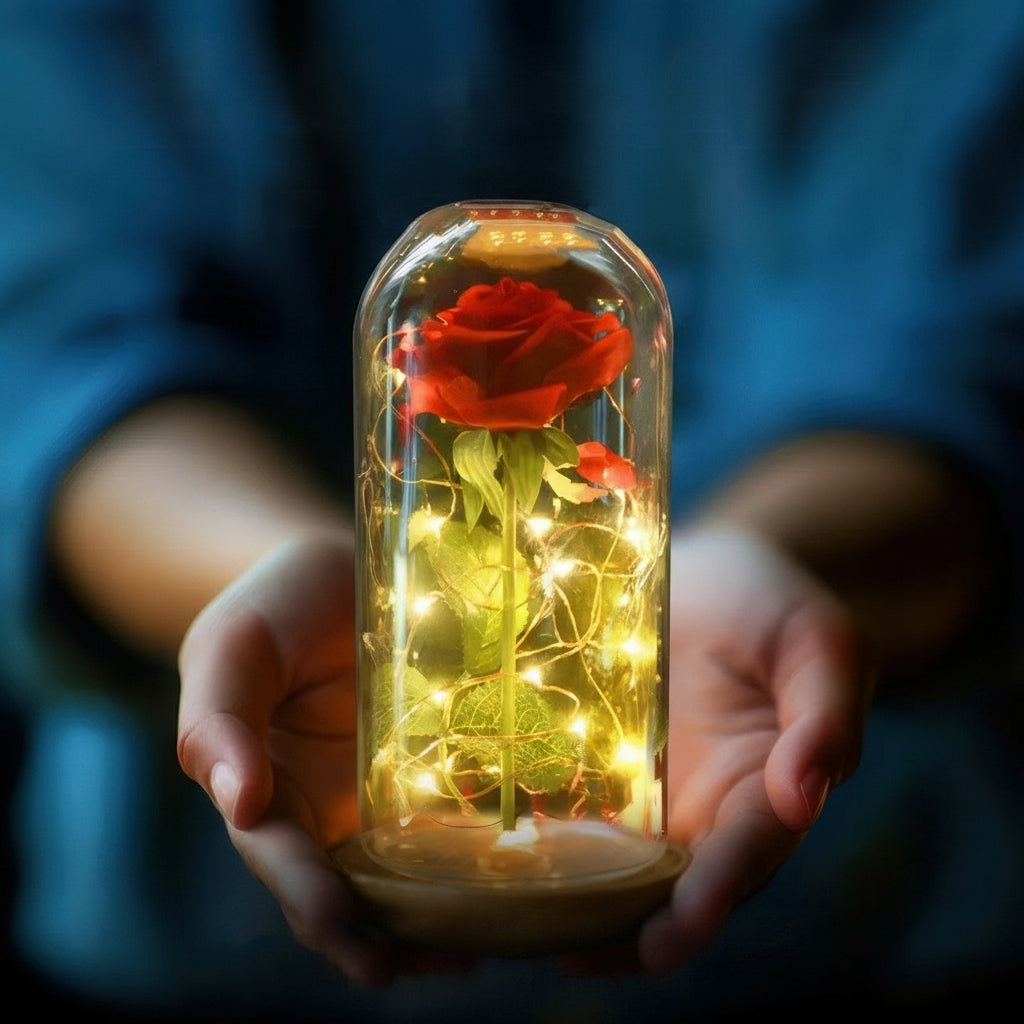 Нічник Троянда в колбі з LED підсвічуванням (20 см червона з білою дерев'яною підставкою)