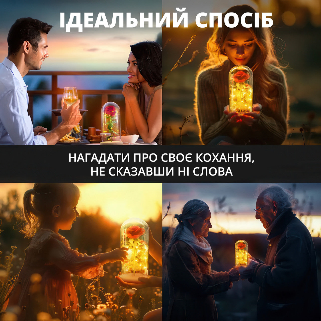 Нічник Троянда в колбі з LED підсвічуванням (20 см червона з білою дерев'яною підставкою)