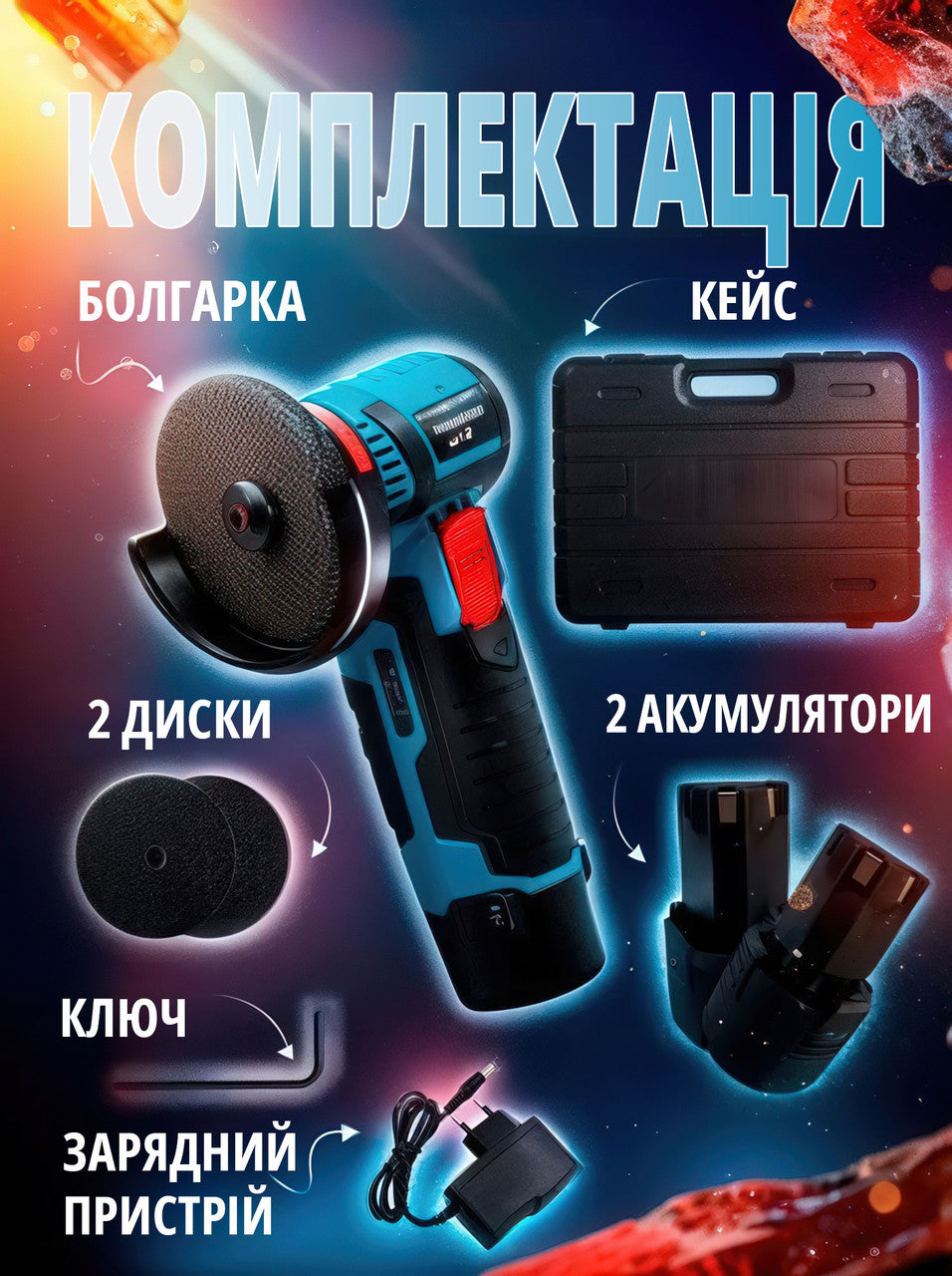 Акумуляторна міні болгарка 12В з кейсом, 2 акумулятори і 2 відрізні диски 75 мм