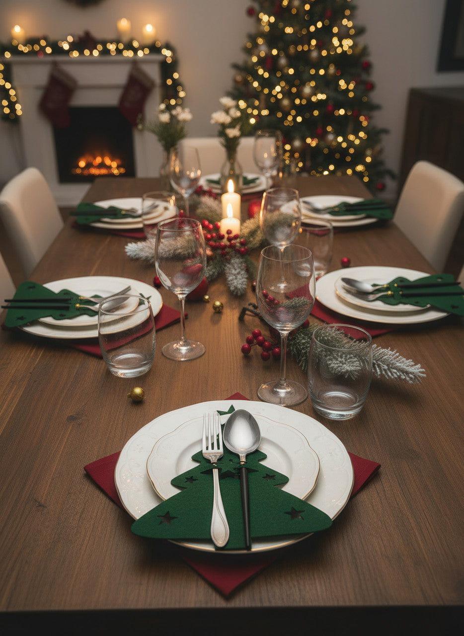 Сервірувальні конверти для столових приборів із фетру "Ялинка" 21×17 см, набір 12 штук, зелені