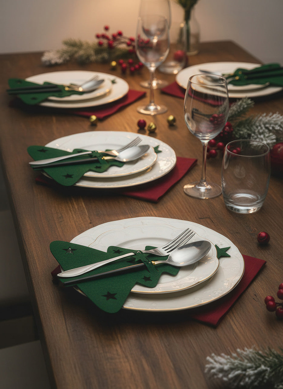 Сервірувальні конверти для столових приборів із фетру "Ялинка" 21×17 см, набір 12 штук, зелені