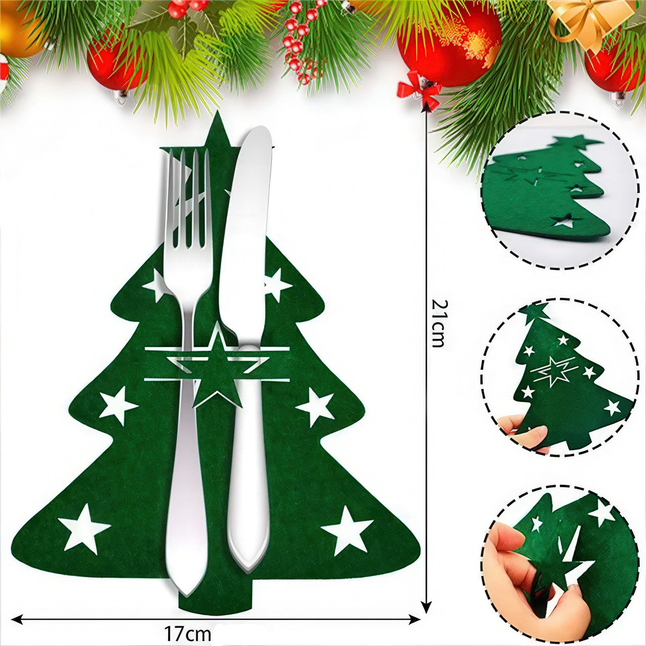 Сервірувальні конверти для столових приборів із фетру "Ялинка" 21×17 см, набір 12 штук, зелені