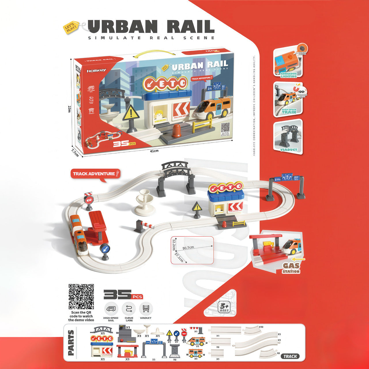 Ігровий набір залізниця Homkey URBAN RAIL (35 деталей, на батарейках)